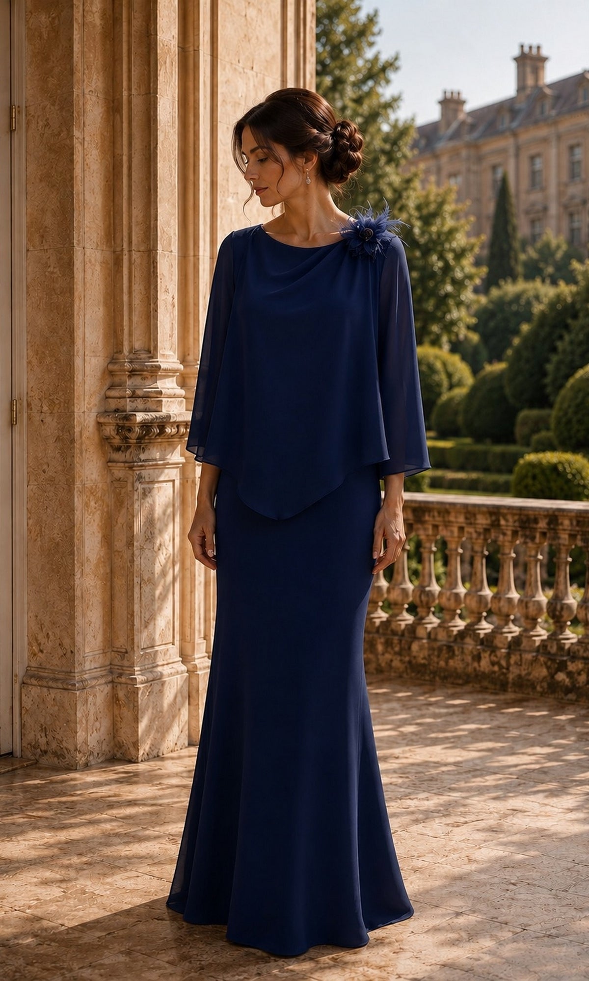 Rina Di Montella R109 chiffon cape fit and flare formal dress in navy, featuring a floor-length crepe gown with a sheer chiffon capelet and a floral shoulder accent.