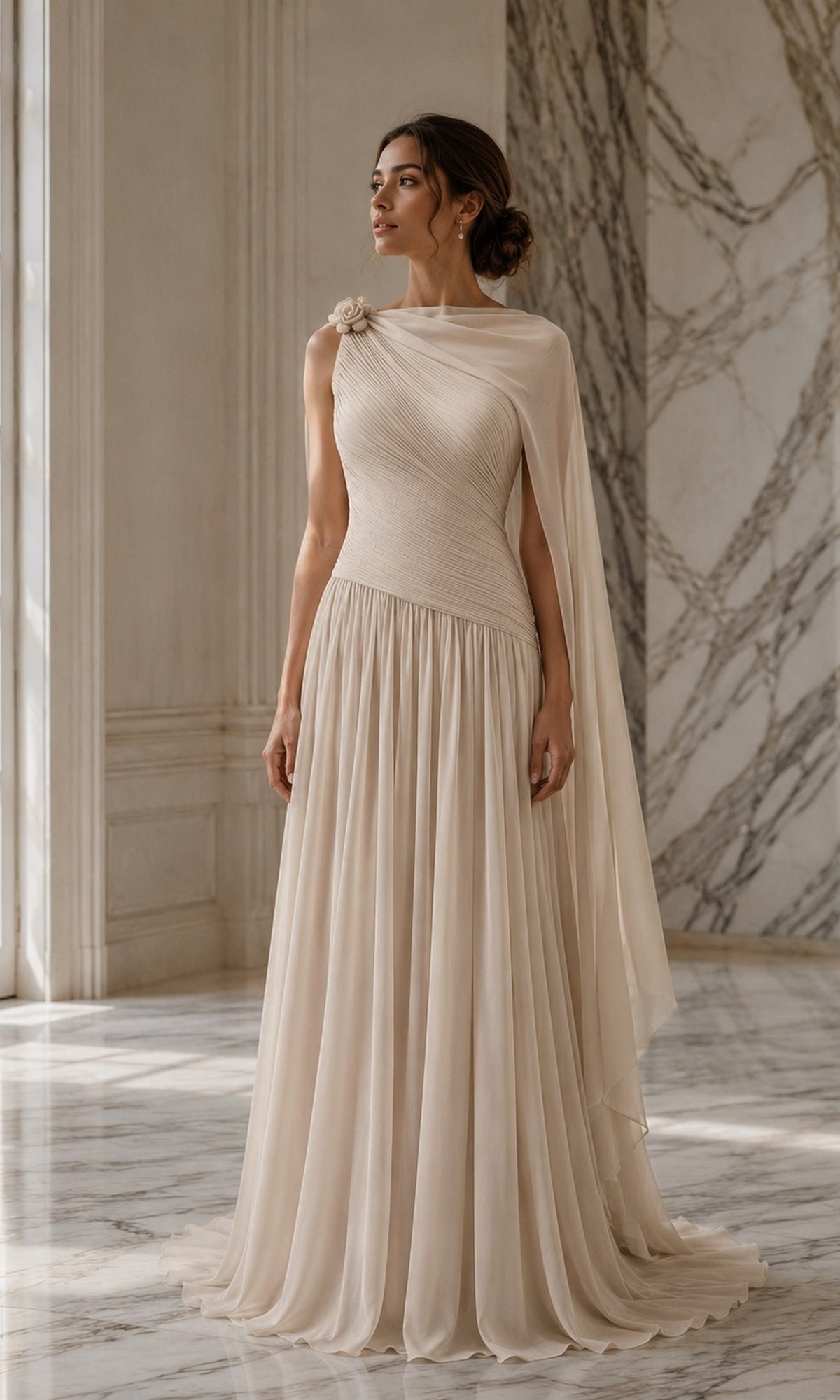 Champagne-colored One Shoulder Cape Long Formal Dress: Rina Di Montella R110 floor-length chiffon evening gown featuring a draped one-shoulder bodice, an attached shoulder cape, and a pleated waistline.