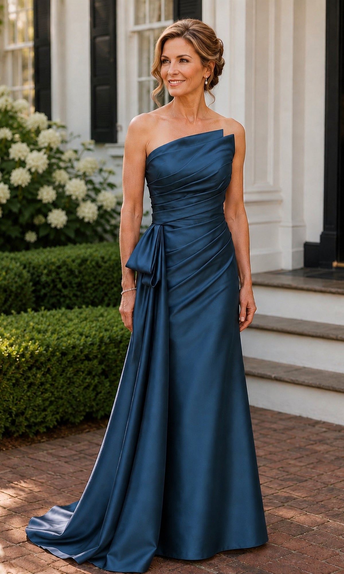 A woman wearing a deep ocean blue Strapless Bow Mermaid Formal Dress: Rina Di Montella R113, featuring a strapless neckline, a side-waist bow, and diagonal bodice ruching.