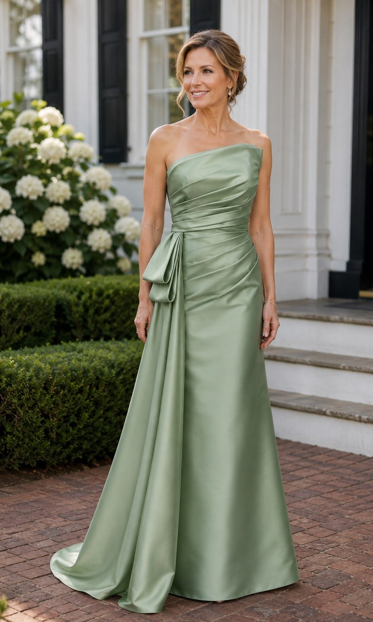 A woman wears an avocado green Strapless Bow Mermaid Formal Dress: Rina Di Montella R113, a strapless mermaid evening gown featuring a large bow detail at the hip.