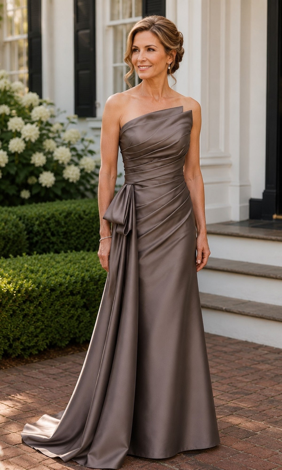 A woman wearing a deep taupe Strapless Bow Mermaid Formal Dress: Rina Di Montella R113, featuring a strapless mermaid silhouette with a pleated bodice and side bow detail.