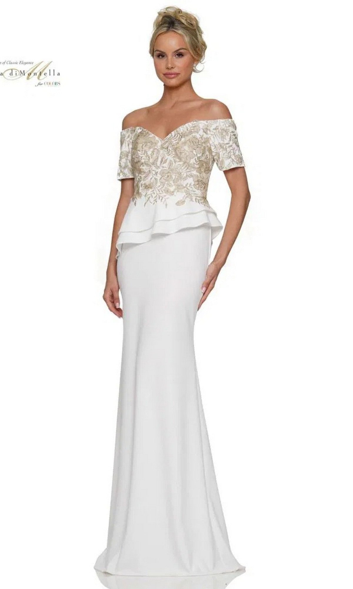 A woman stands against a plain white background wearing the Rina Di Montella RD2918, a long formal off-shoulder white dress with gold floral embroidery on the bodice and short sleeves.