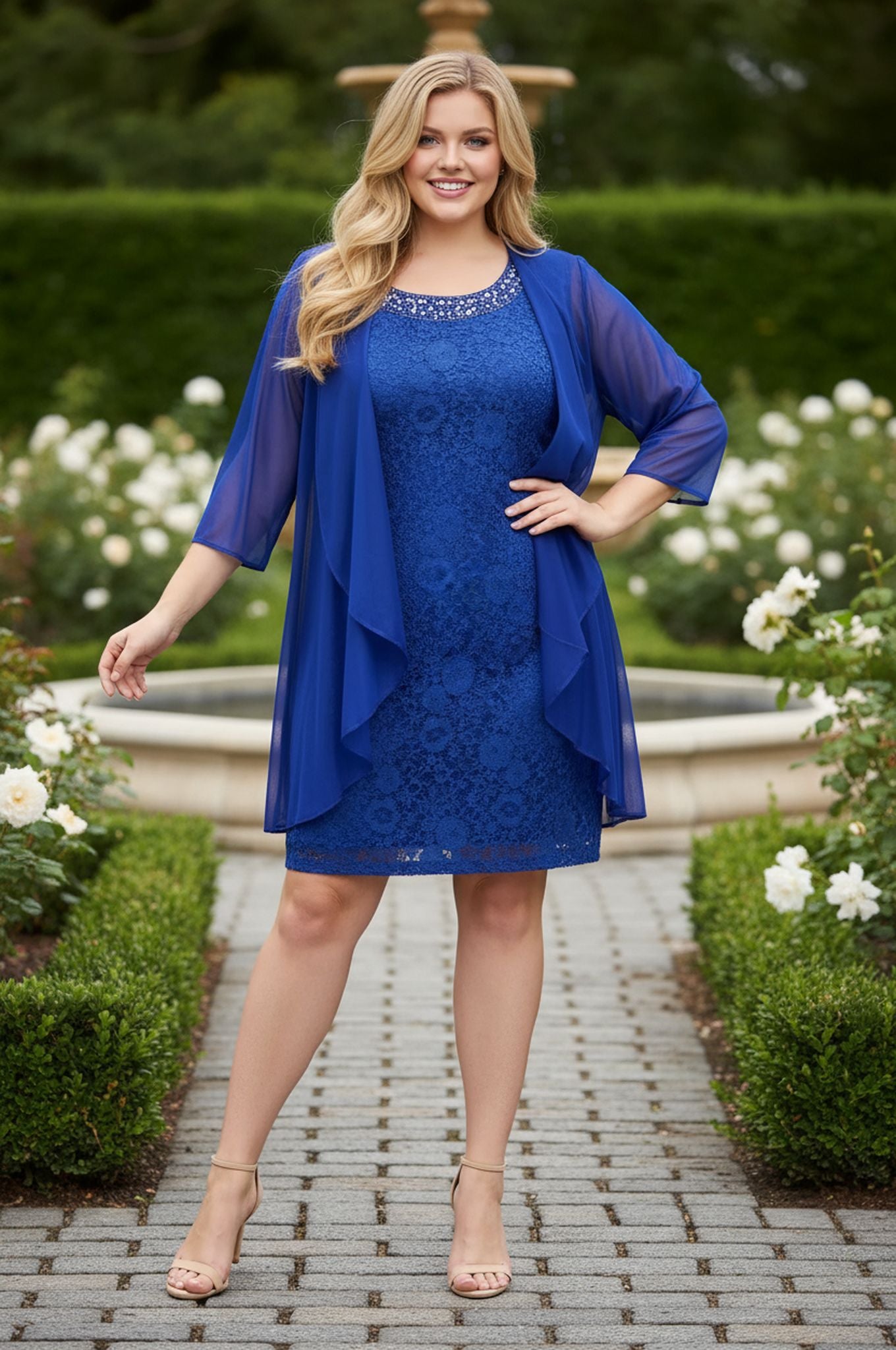 A woman wears the R&M Richards 3594W Plus-Size Short Jacket Dress, featuring blue lace and a sheer jacket, as she stands on a garden path lined with greenery and white flowers.