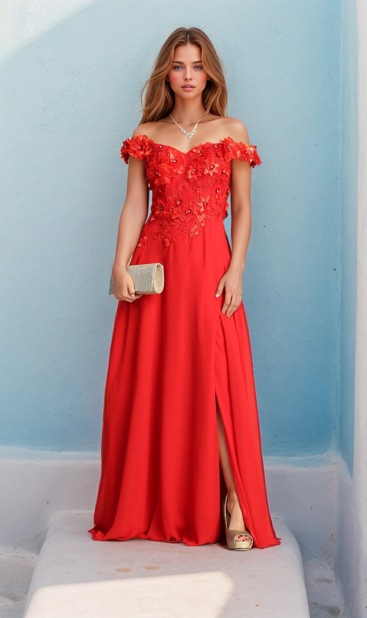 A woman stands against a blue wall wearing the Off-Shoulder Long A-Line Prom Dress: Chicas CHF3059 in red, paired with gold heels and a gold clutch.