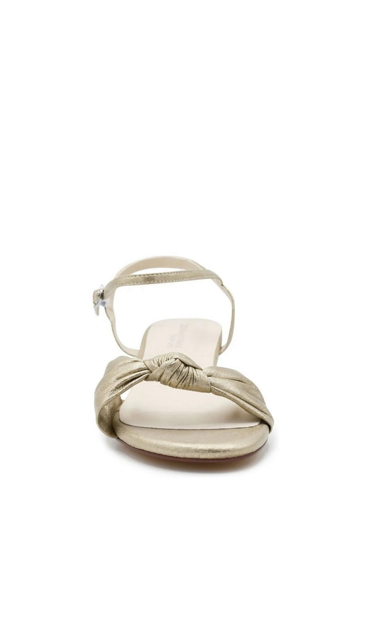 Rose Champagne Wedge Prom Shoes: Touch Ups 4729 in a gold-tone low-wedge design featuring a knotted strap and an ankle buckle.