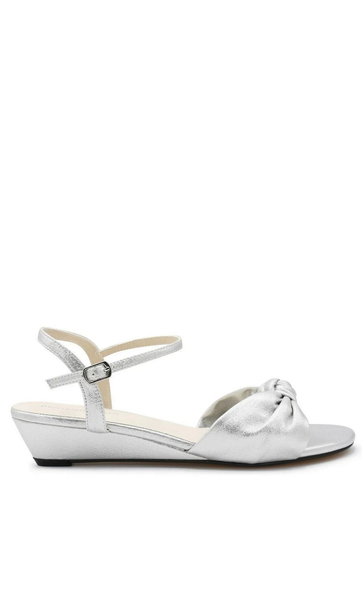 Rose Silver Wedge Prom Shoes: Touch Ups 4728 metallic silver low-wedge sandals with an ankle strap and a knotted detail at the toe.