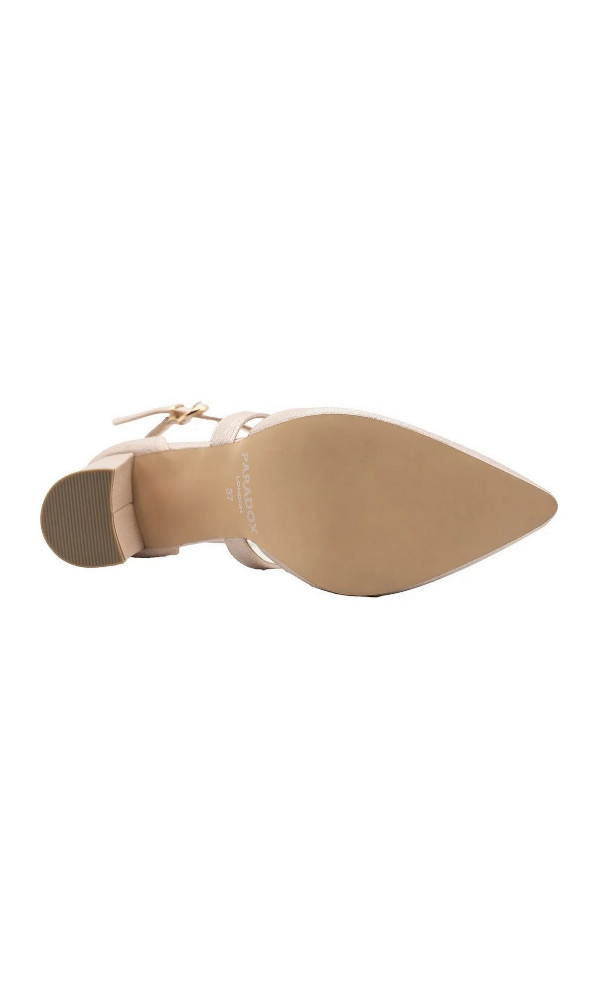 Rylee Nude Prom Shoes: Paradox London P2310 pointed-toe nude shimmer heeled sandal, showing the block heel and sole.