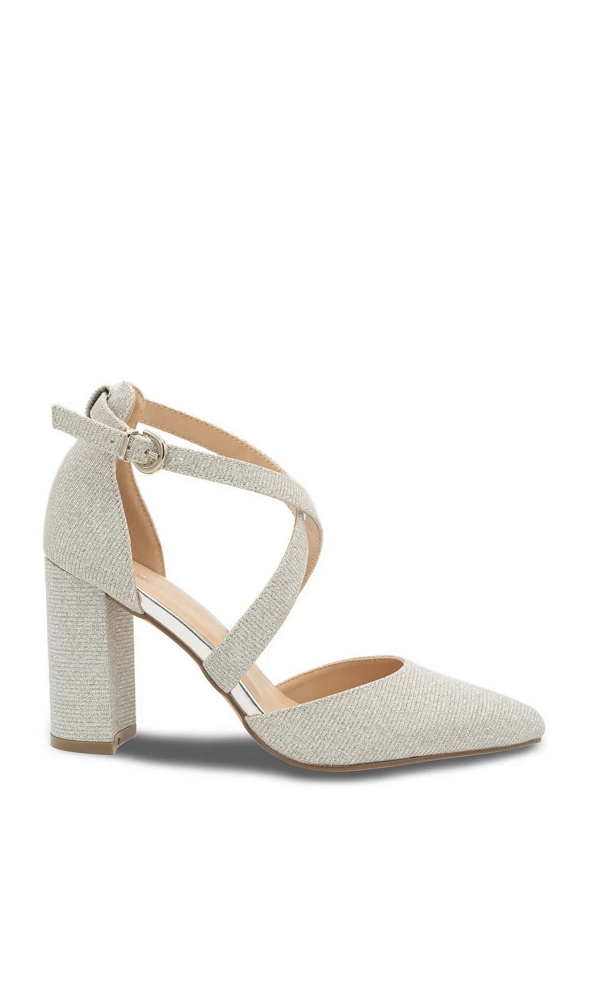 Rylee Silver Prom Shoes: Paradox London P2309 silver glitter pointed-toe pumps with block heels and crisscross ankle straps.