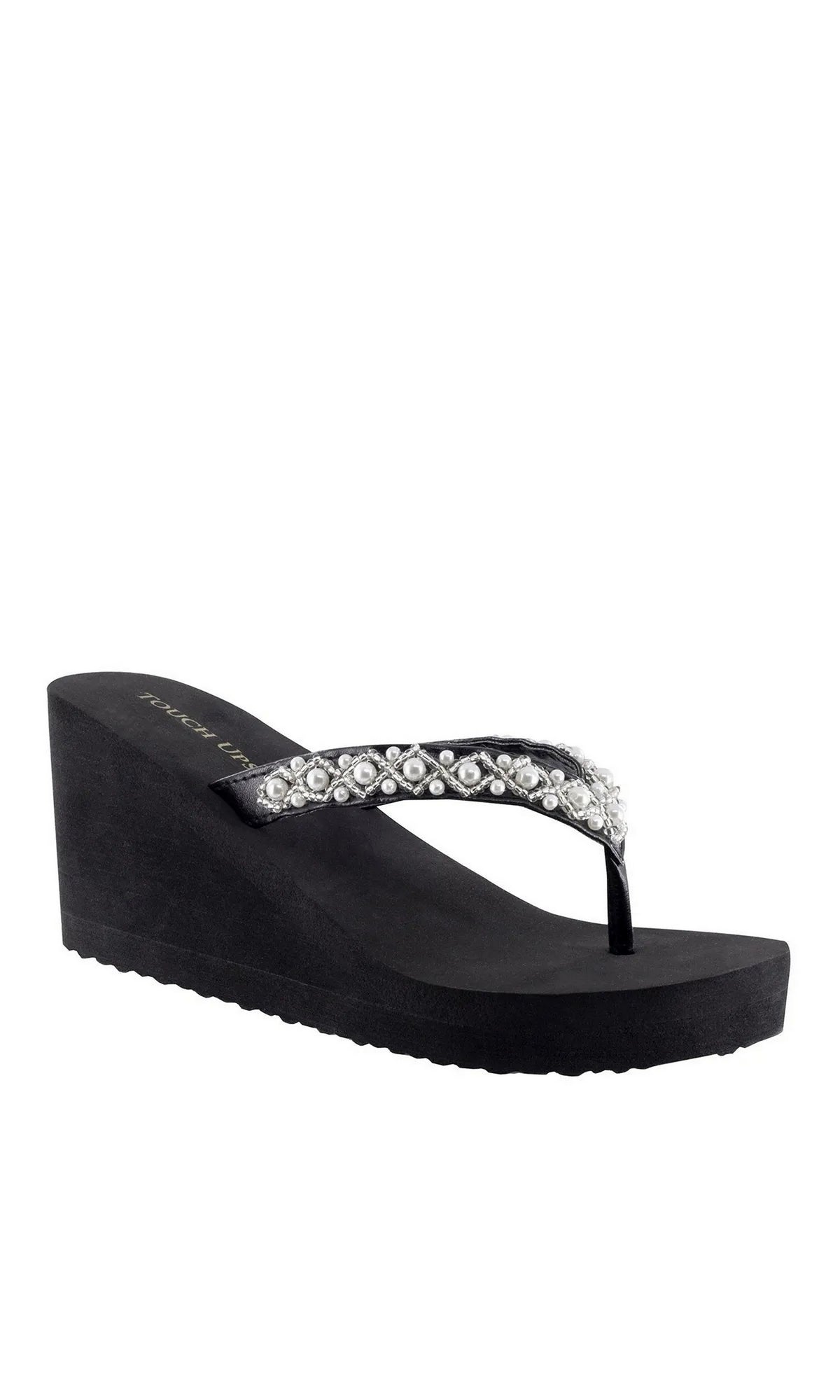 Shelly Black Prom Shoes: Touch Ups 117 black platform flip flops with a wedge heel and a strap embellished with pearls and silver beads.