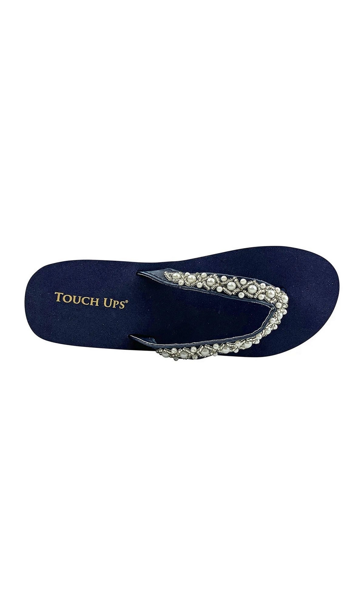 Shelly Navy Prom Shoes: Touch Ups 116 navy blue wedge thong sandal with a jeweled strap featuring pearl and rhinestone embellishments.