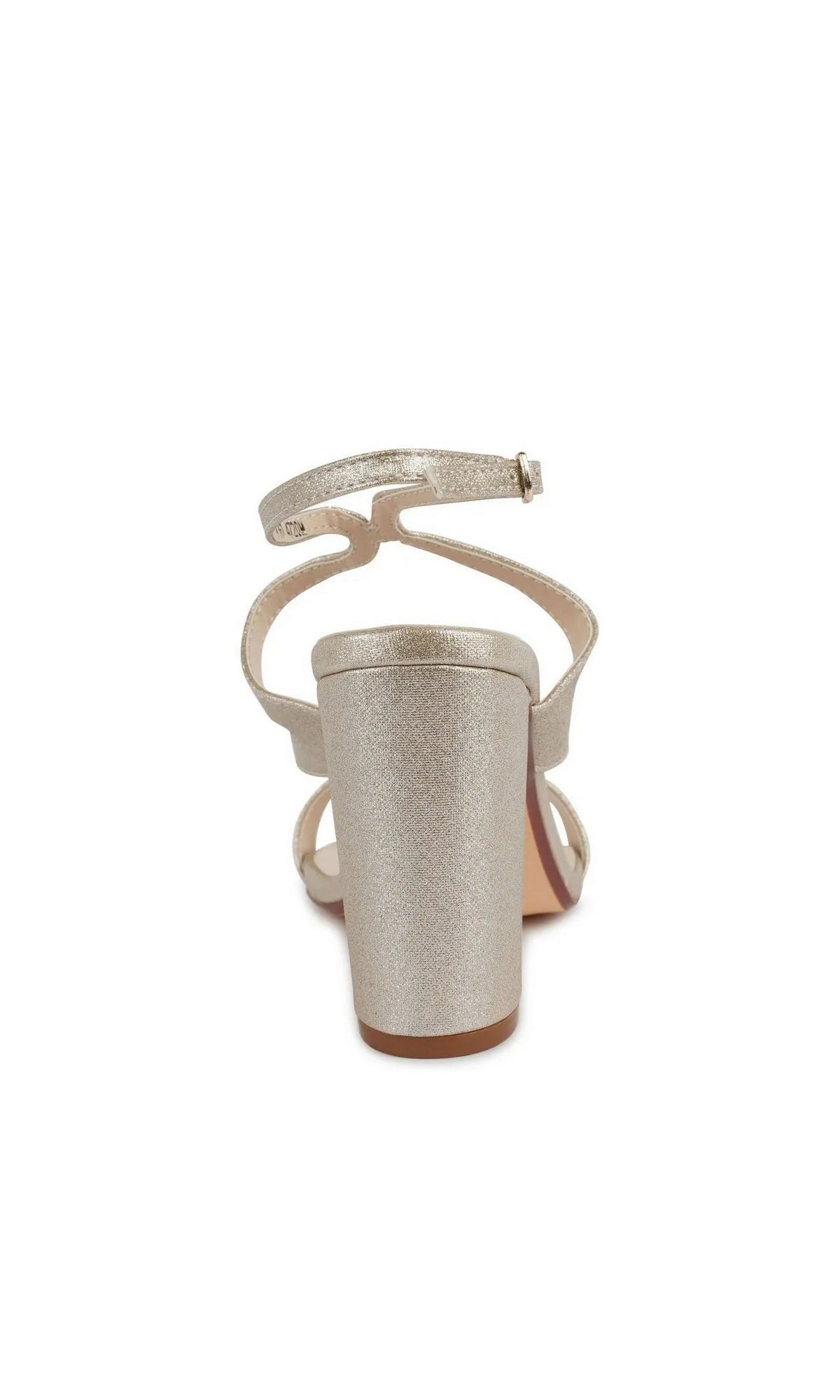 Back view of a champagne-colored Shiloh Champagne Prom Shoes: Touch Ups 4720 block-heeled sandal with an ankle strap and a shimmer finish.