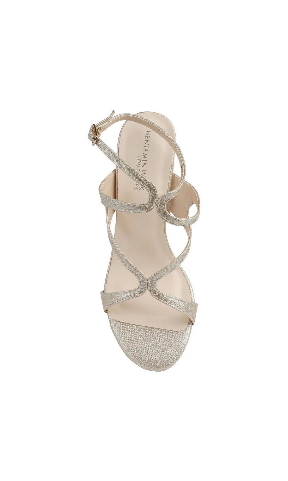Shiloh Champagne Prom Shoes: Touch Ups 4720, featuring champagne-colored heeled sandals with a shimmery finish, a strappy upper, a block heel, and an ankle strap with a buckle.