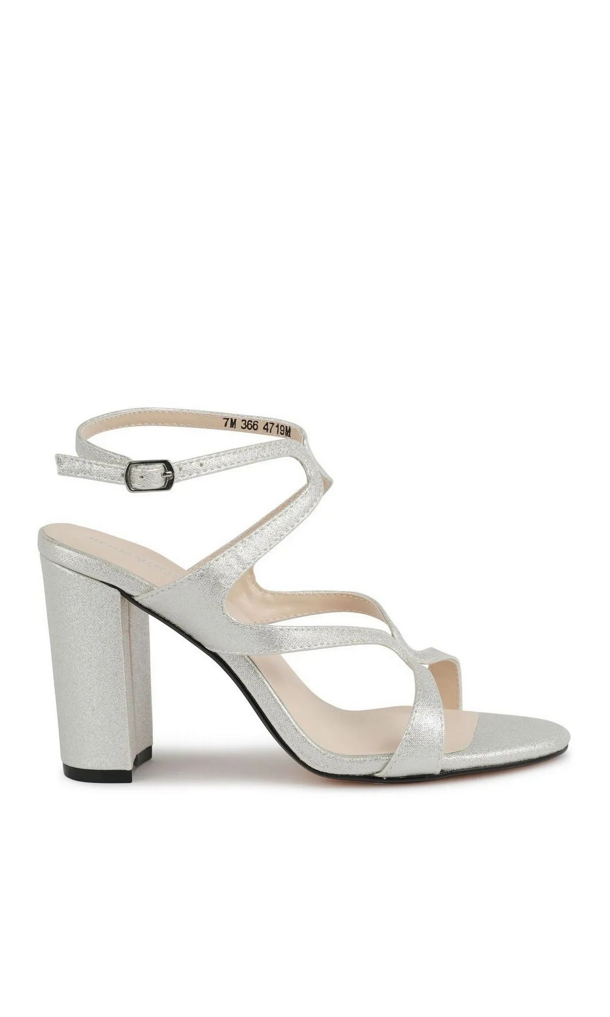 Shiloh Silver Prom Shoes: Touch Ups 4719 silver glitter high-heeled sandal with a block heel, open toe, and shimmery wrap-around ankle straps.