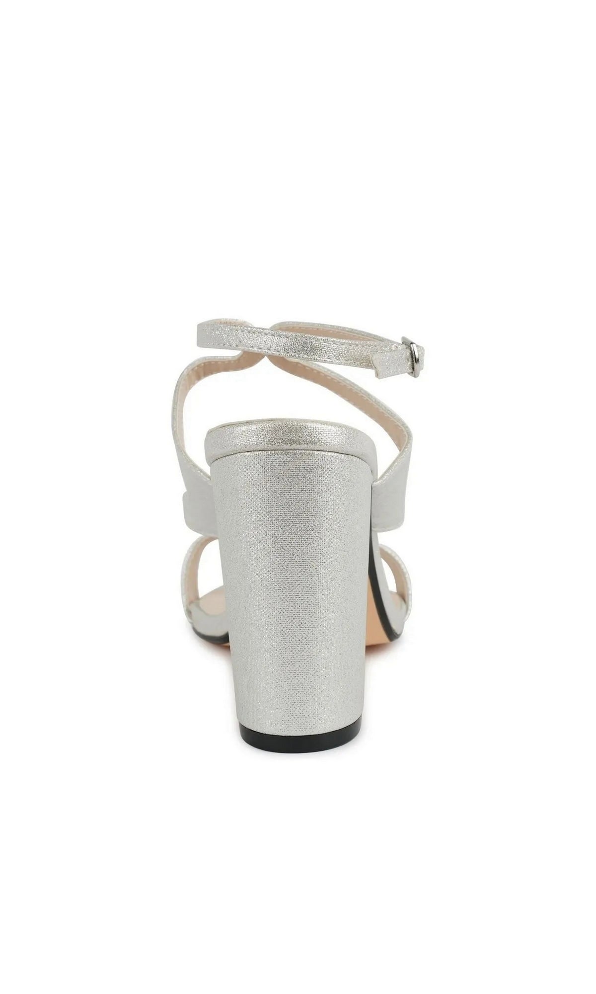 Back view of the Shiloh Silver Prom Shoes: Touch Ups 4719, a silver heeled sandal with shimmery straps and an ankle strap.