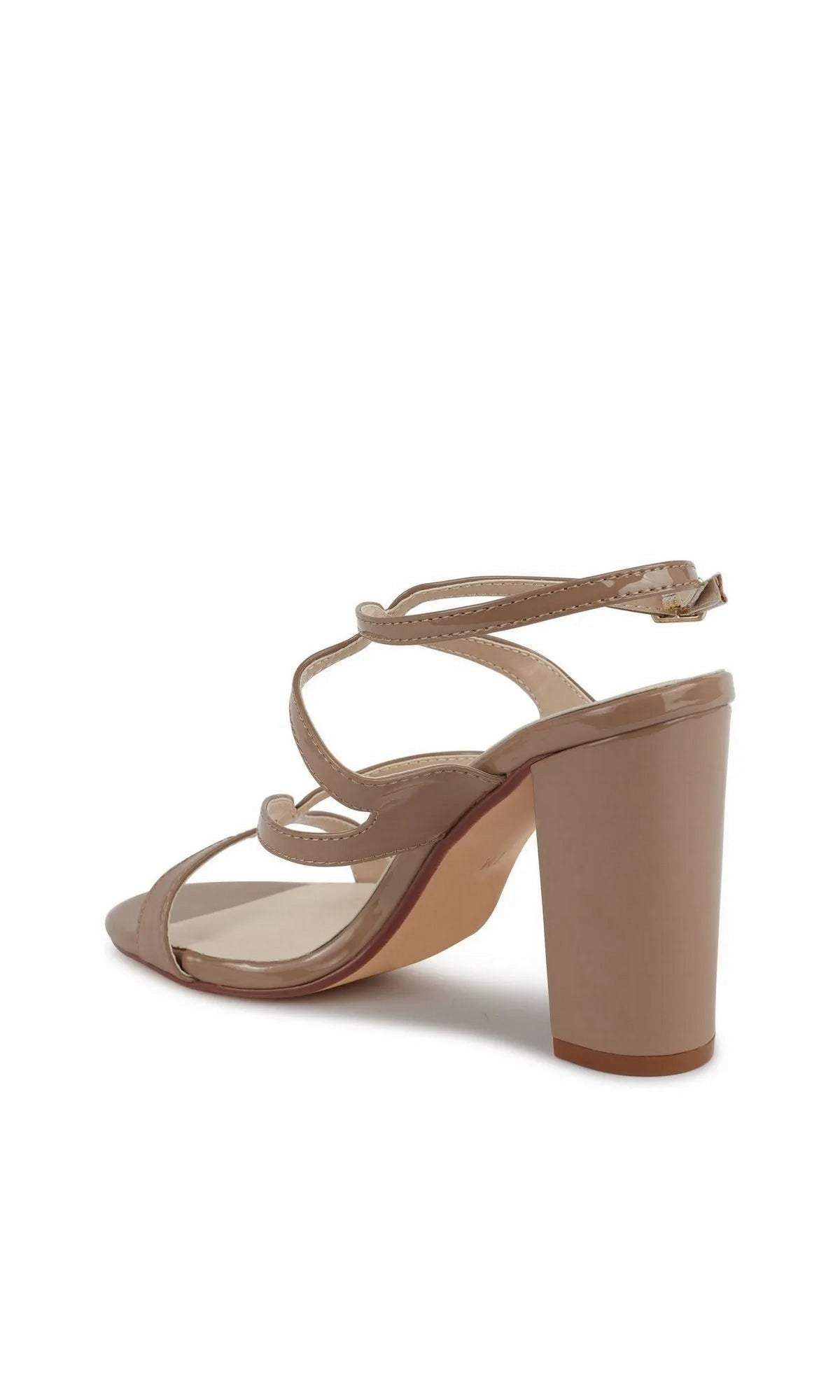 Shiloh Tan Block Heel Prom Shoes: Touch Ups 4718 featuring thin, strappy crisscross detailing and an ankle strap with a buckle.