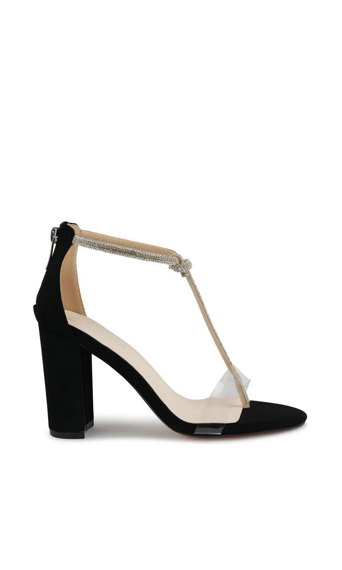 Sienna Black Block Heel Prom Shoes: Touch Ups 4724 are black block heel sandals featuring a clear toe strap and a rhinestone-embellished T-strap.