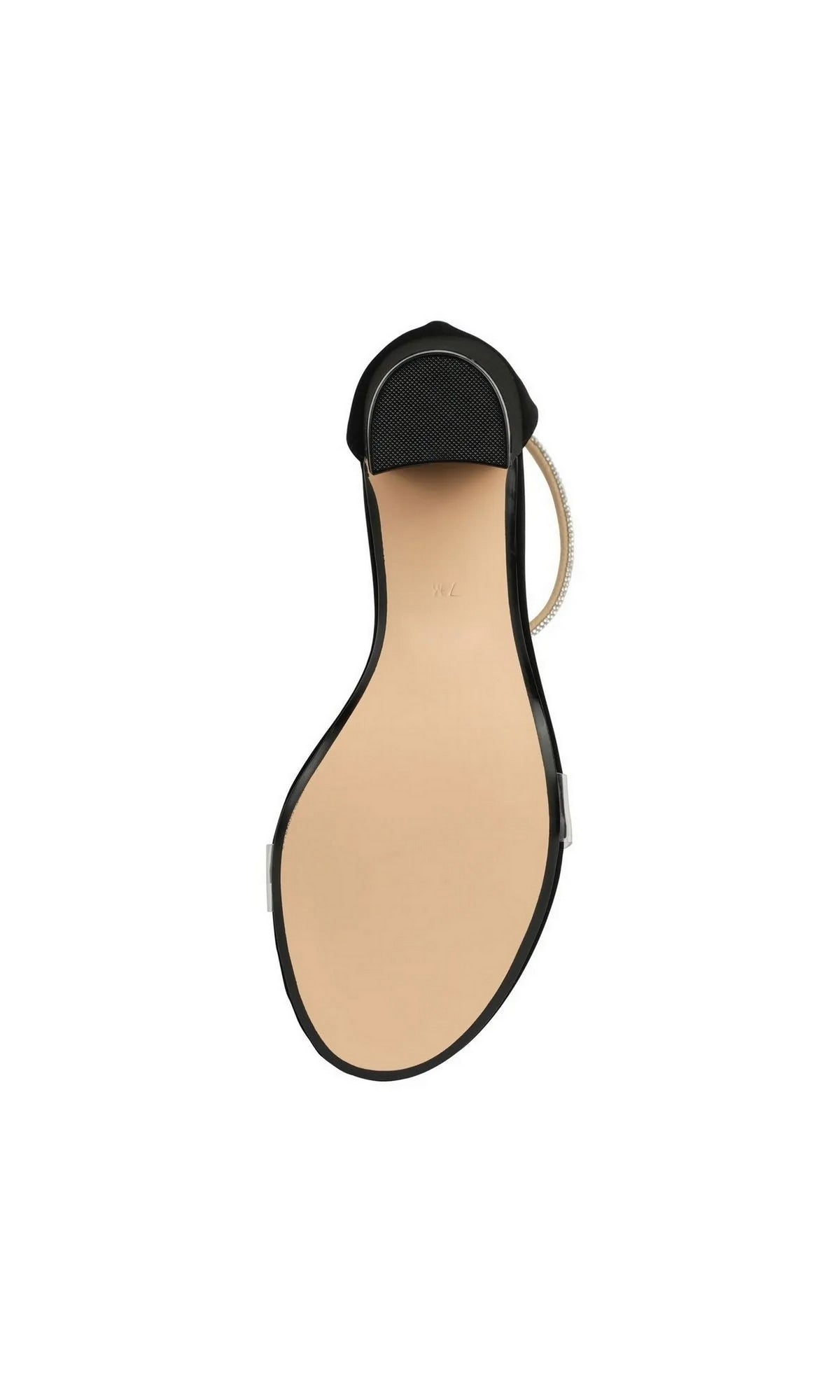 Bottom view of black Sienna Black Block Heel Prom Shoes: Touch Ups 4724 with a block heel and thin ankle strap.