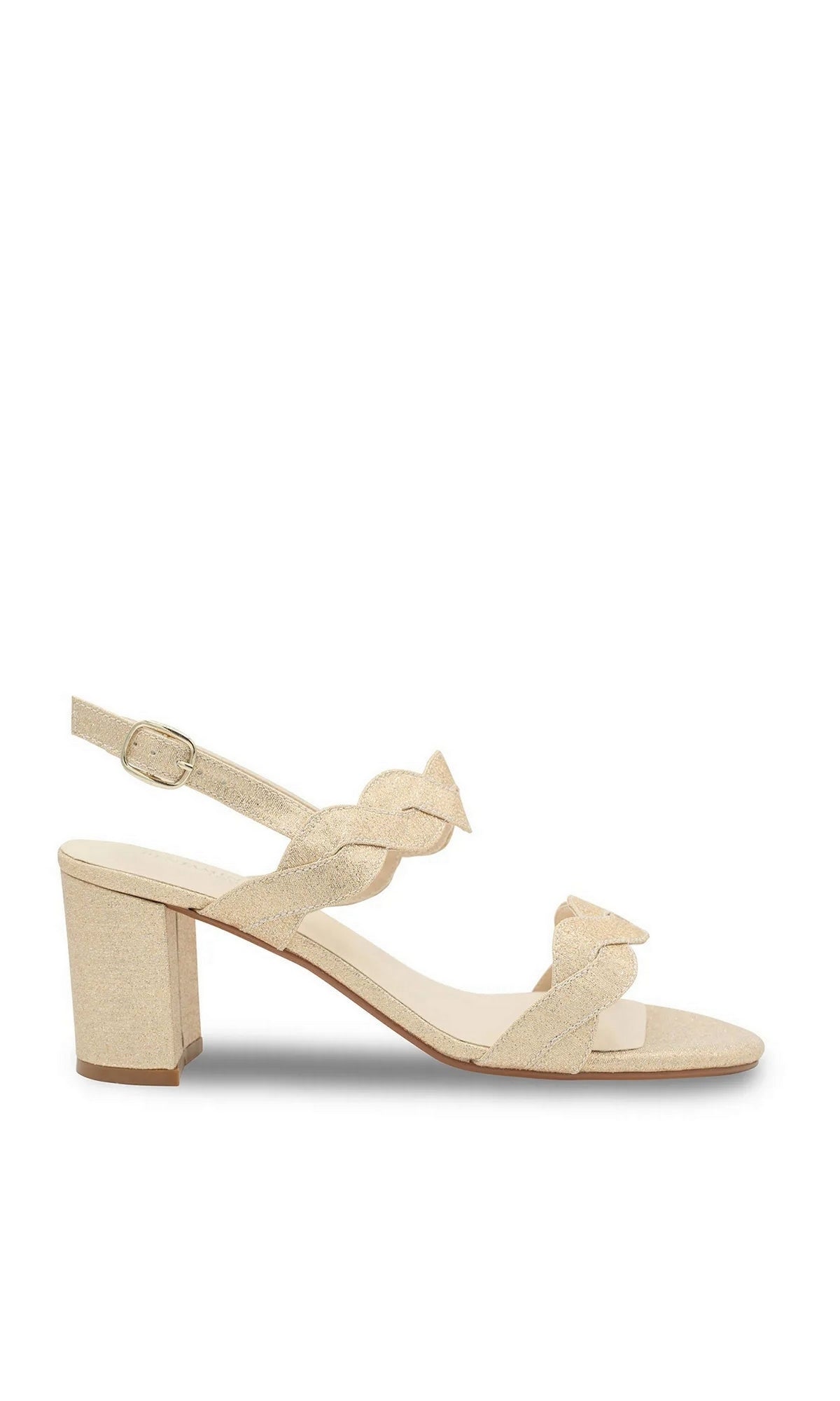 Simone Champagne Prom Shoes: Touch Ups 4682 gold shimmer slingback sandals with a block heel and braided glitter straps.
