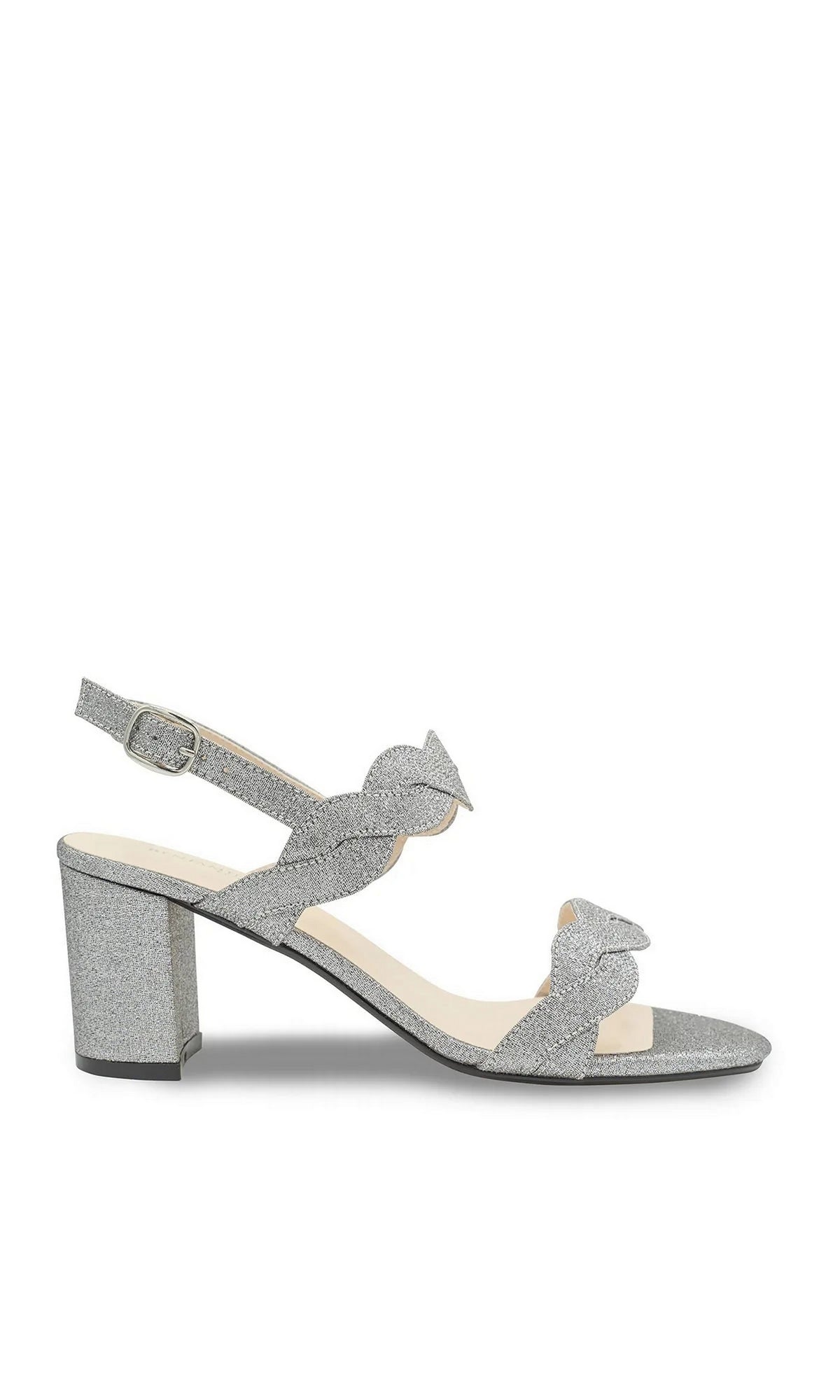 Simone Pewter Prom Shoes: Touch Ups 4683 are silver glitter block-heel sandals with an ankle strap and scalloped strap details.