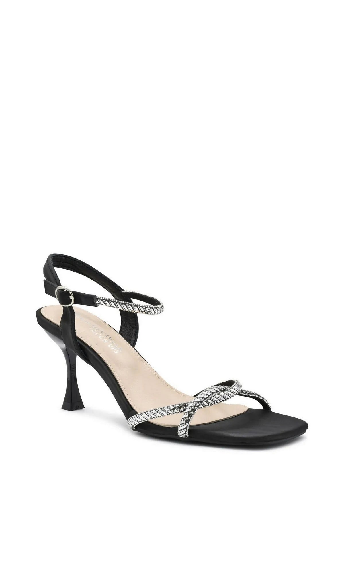 Sunny Black Prom Shoes: Touch Ups 4735 black heeled sandals featuring rhinestone straps in a crisscross design with an adjustable ankle strap.