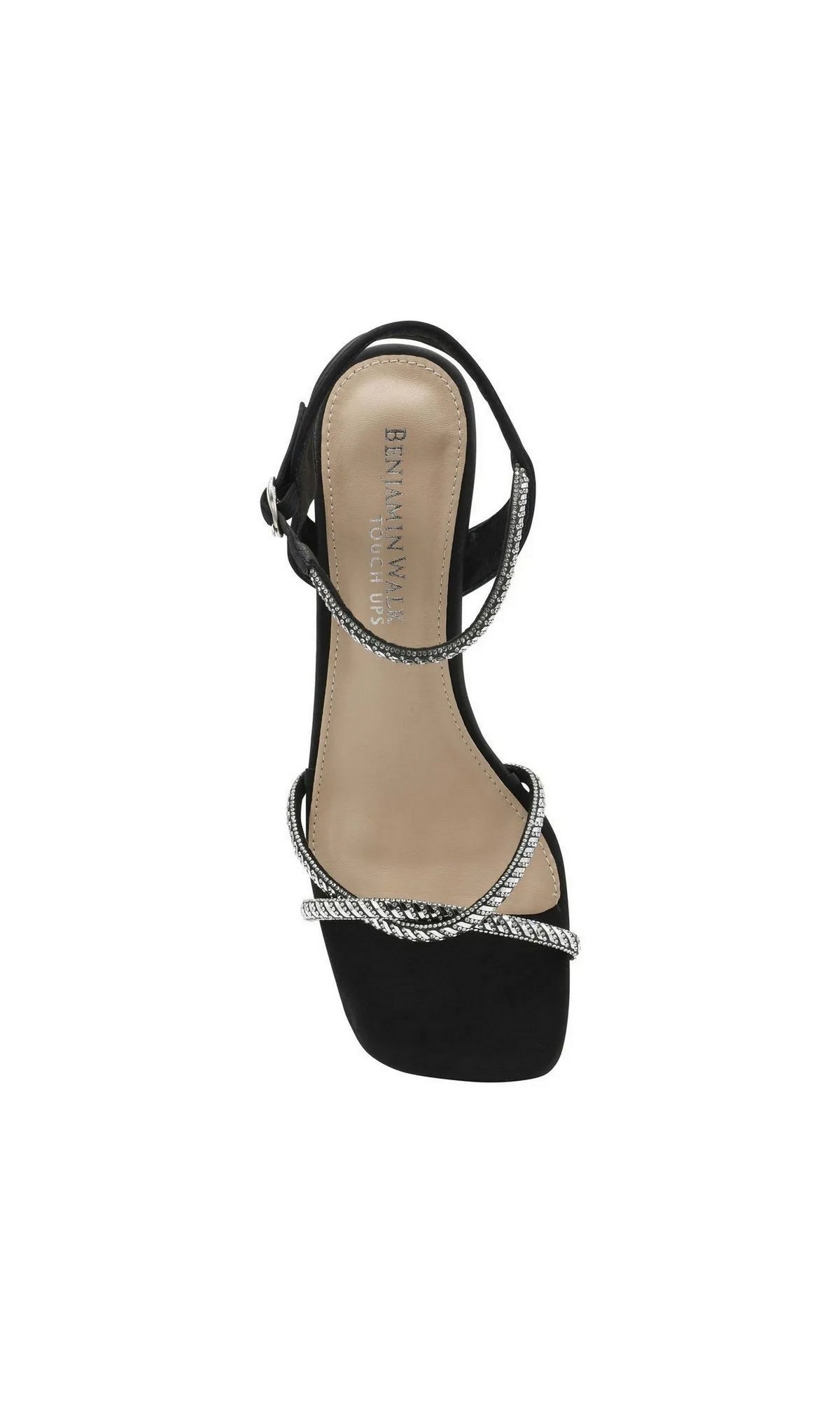 Sunny Black Prom Shoes: Touch Ups 4735 in black with a square toe, an ankle strap, and thin rhinestone-embellished straps across the top.