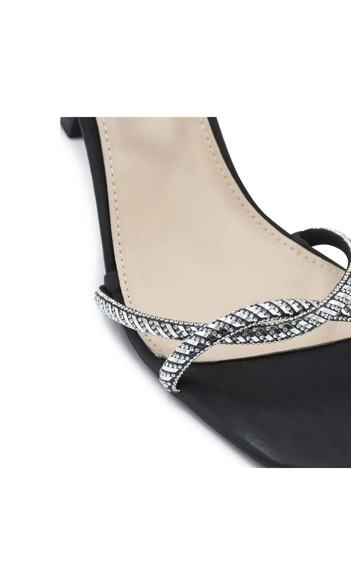 Close-up of a Sunny Black Prom Shoes: Touch Ups 4735 black square-toe sandal with a crisscross rhinestone strap.
