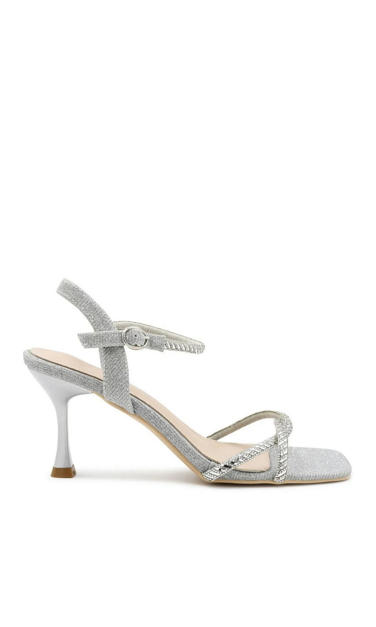 Sunny Silver Prom Shoes: Touch Ups 4733 silver glitter slingback sandals with a flared heel and crystal-embellished toe straps.