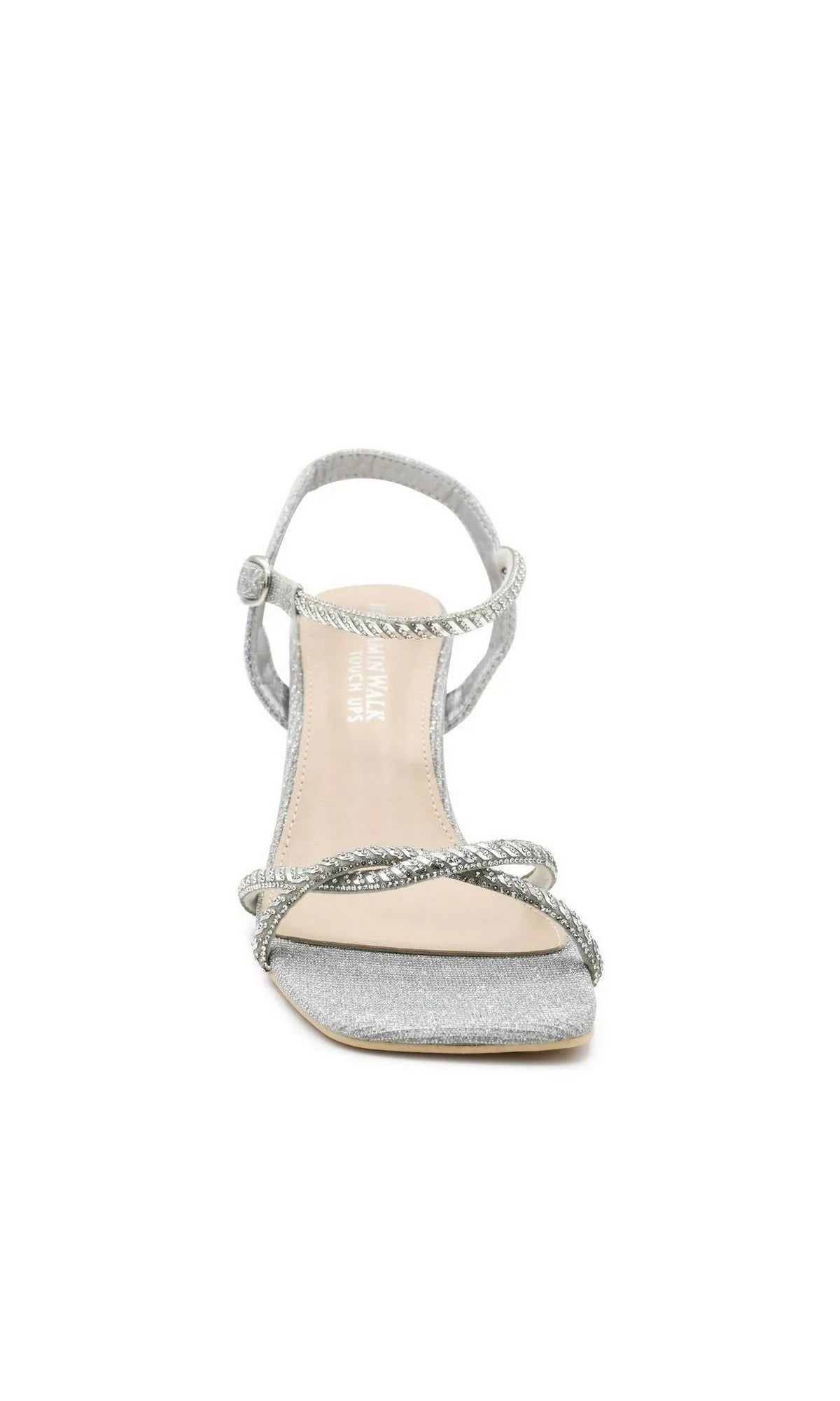 Sunny Silver Prom Shoes: Touch Ups 4733 are silver metallic strappy heels with rhinestone-encrusted crossover straps, an adjustable ankle strap, and a crystal design.