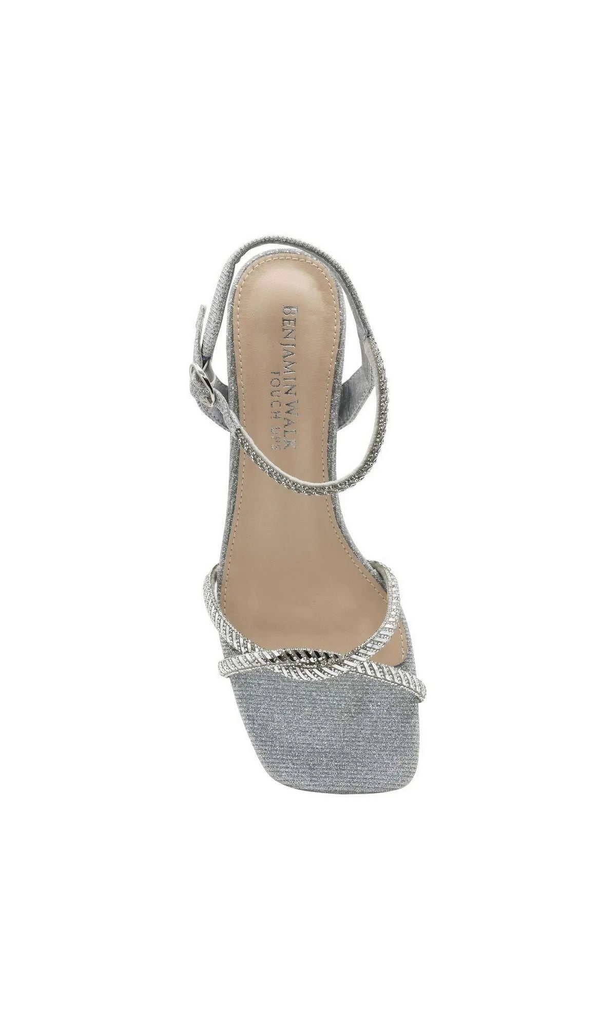 Sunny Silver Prom Shoes: Touch Ups 4733 silver high-heeled sandal with an ankle strap and a braided, rhinestone-encrusted front strap.