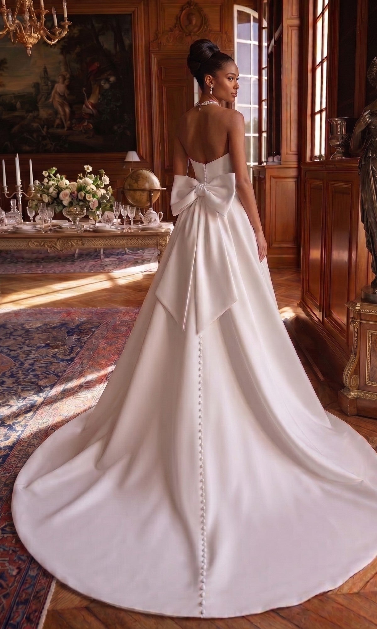 Tina Holly TW622 strapless A-line wedding dress with a large bow at the lower back and a long train featuring a row of decorative buttons.