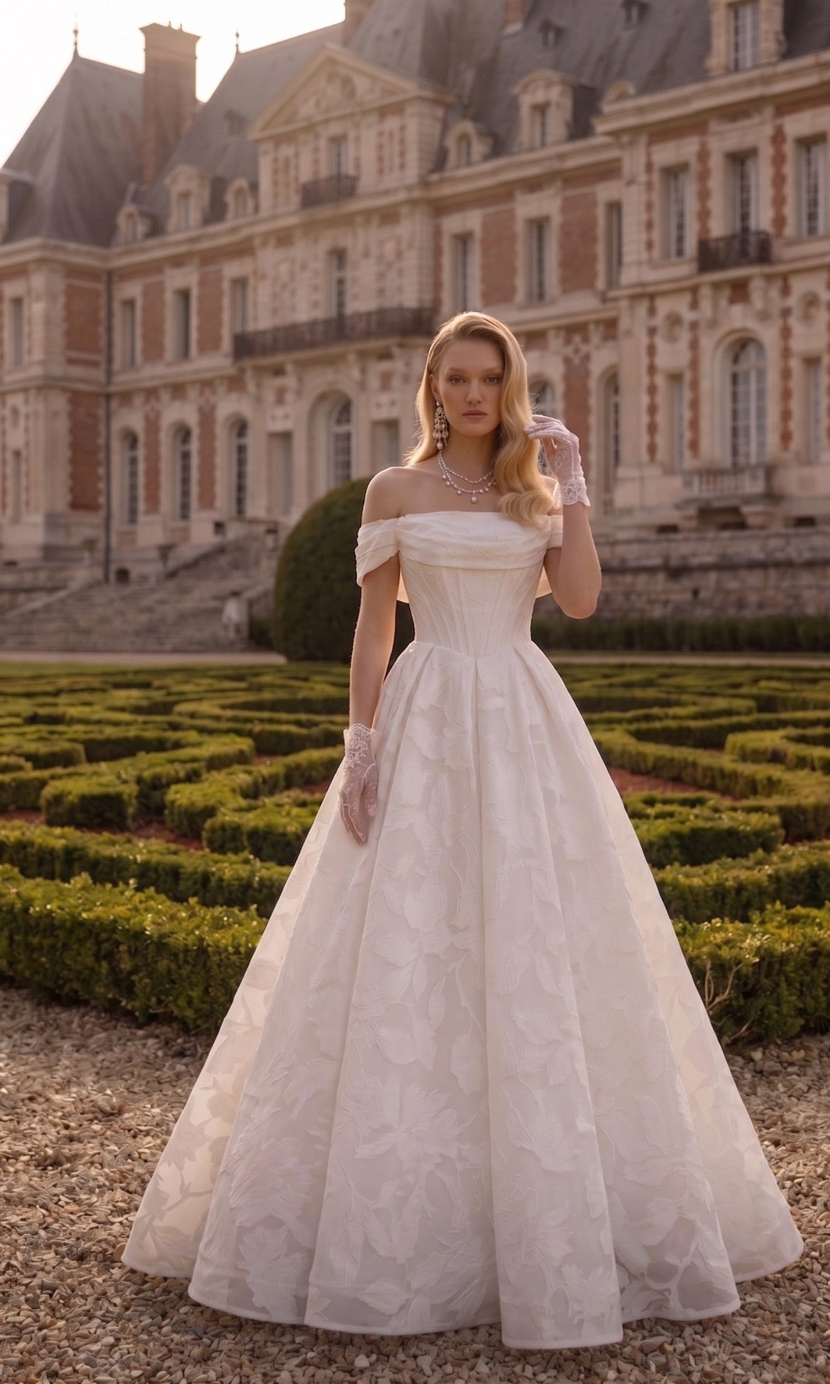 A woman in a Tina Holly TW623 long wedding dress, featuring an off-the-shoulder, floral-patterned organza jacquard gown and lace gloves, stands in front of a historic manor.