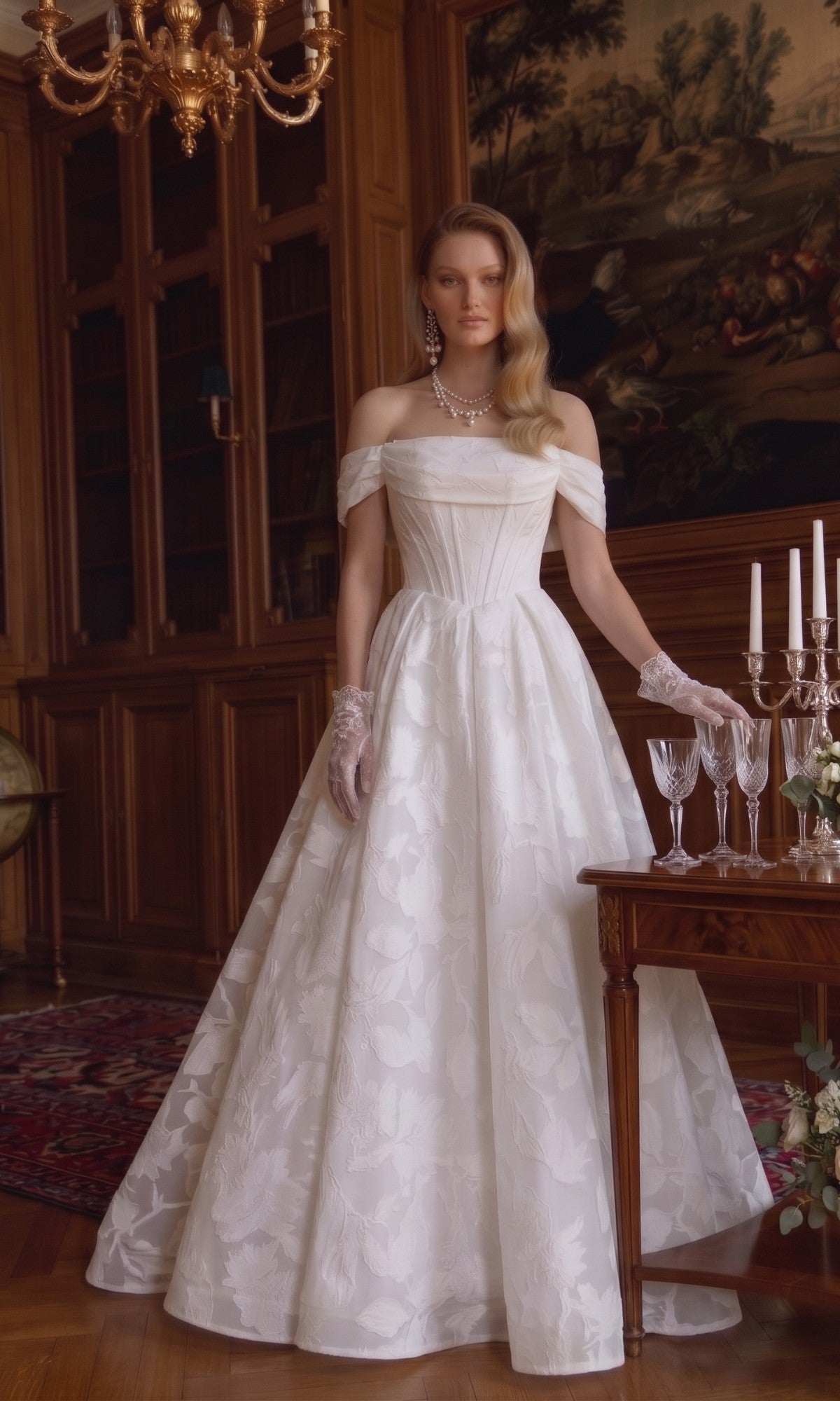 Woman wearing a Tina Holly TW623 floor-length, off-the-shoulder floral wedding dress in organza jacquard, styled with a pearl necklace and lace gloves.