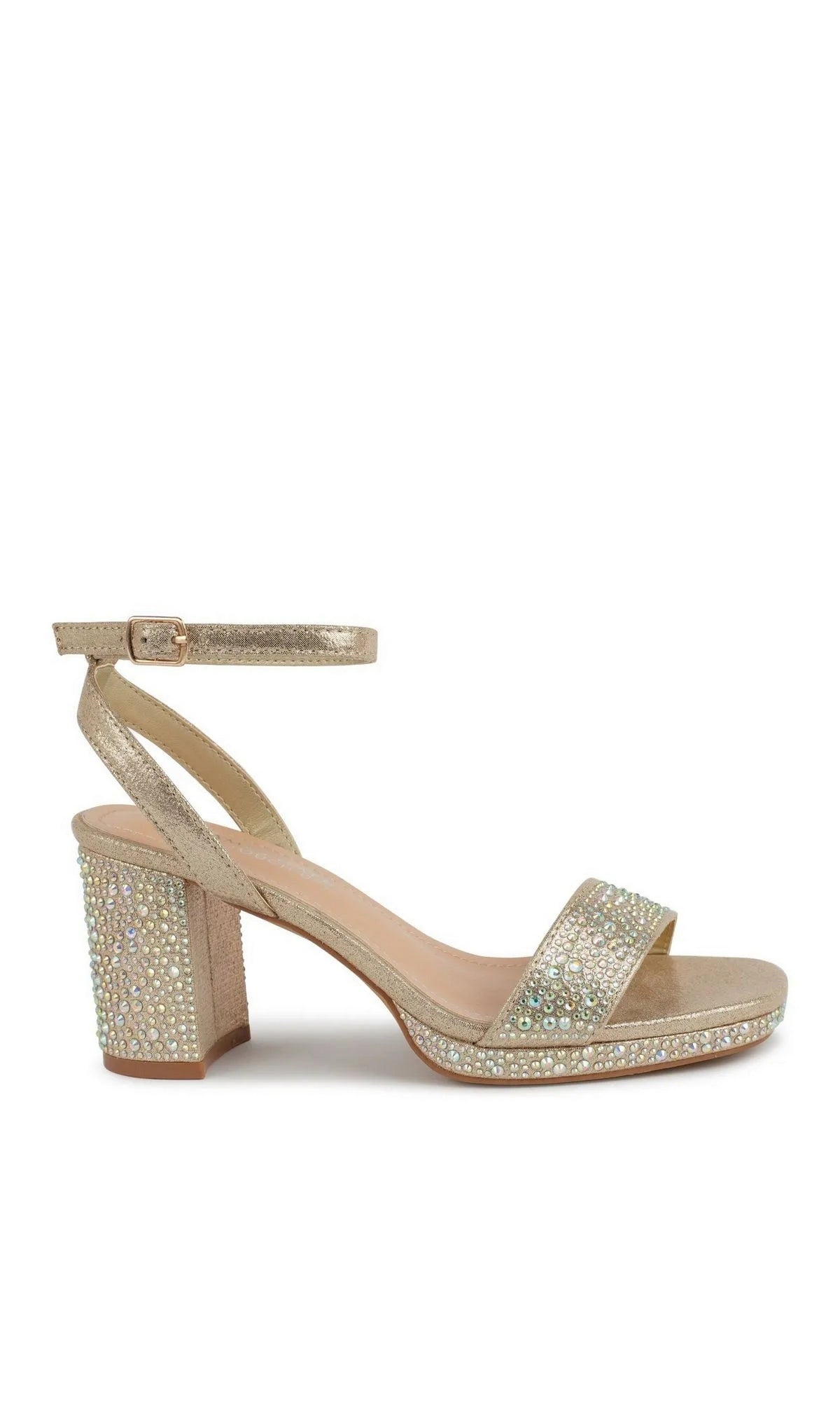 Topaz Champagne Prom Shoes: Touch Ups 4737 featuring a block heel, crystal-embellished straps, and an ankle strap with a buckle.