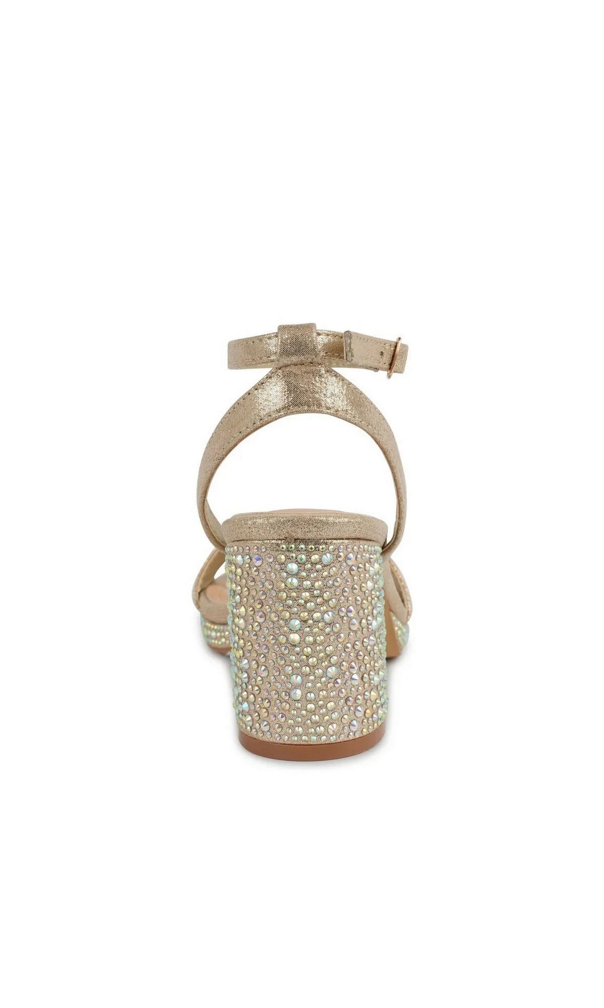 Topaz Champagne Prom Shoes: Touch Ups 4737 champagne-colored ankle-strap block heels with iridescent rhinestones covering the heel.