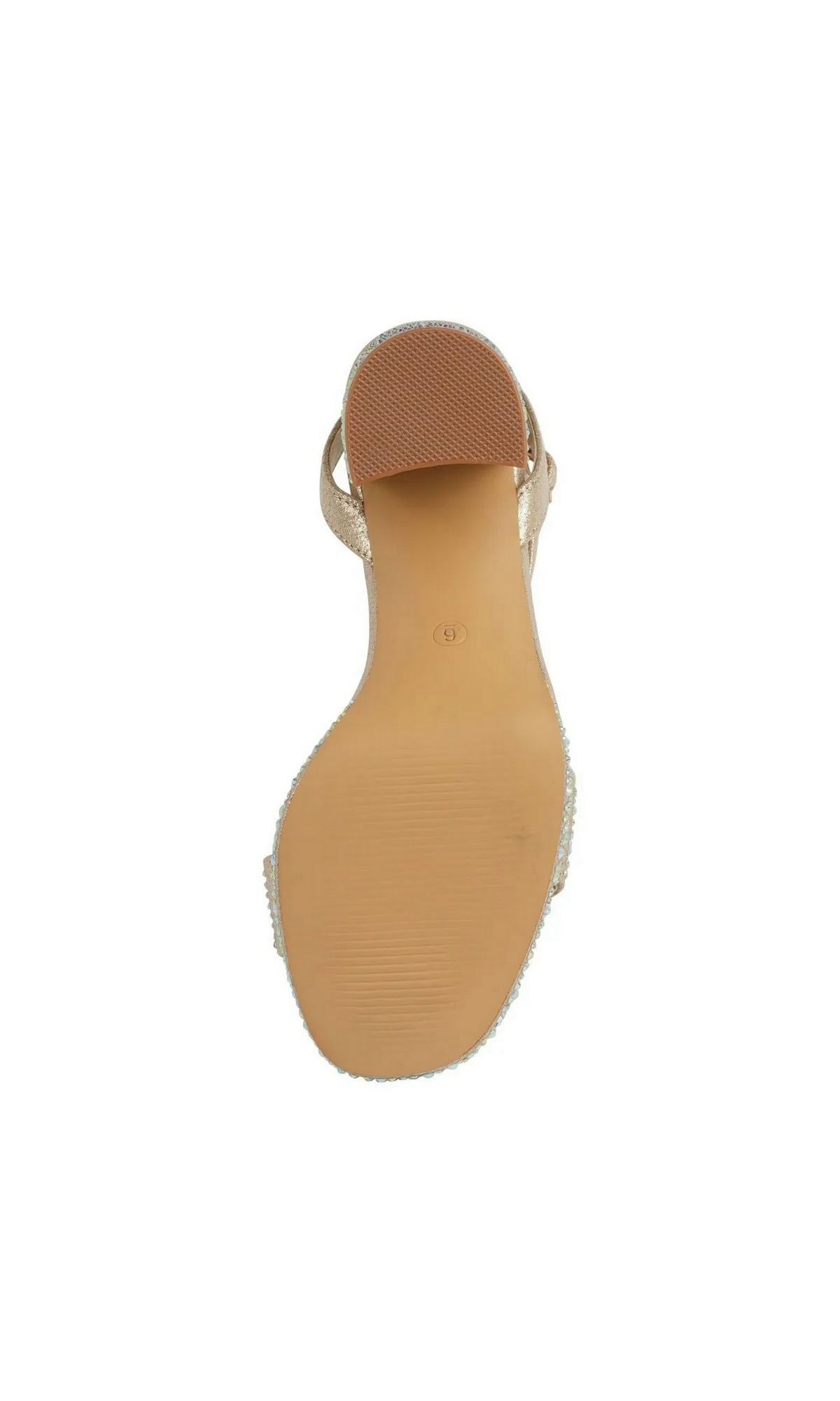 Underside view of a Topaz Champagne Prom Shoes: Touch Ups 4737 champagne block heel sandal with a size 6 stamped on the sole.