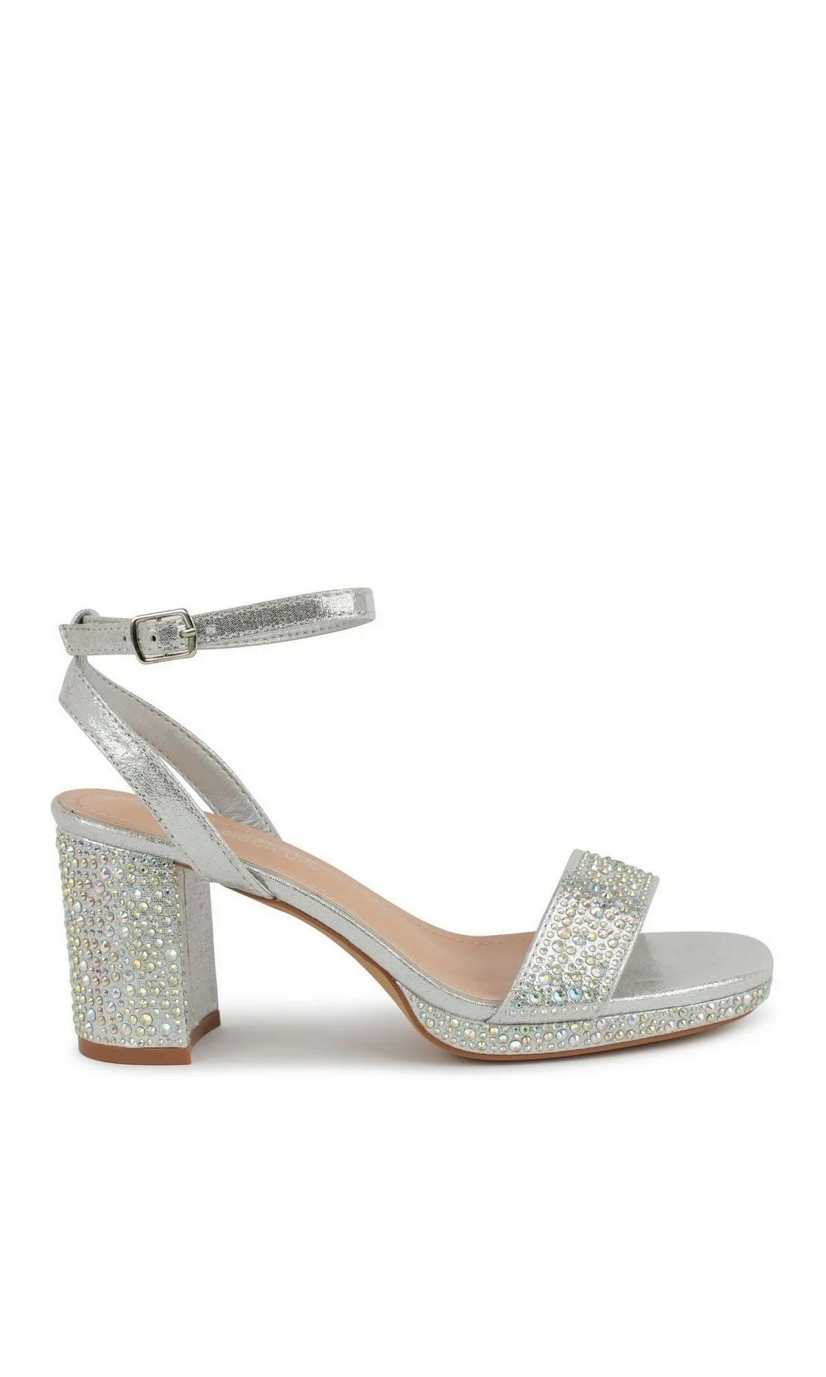 Topaz Silver Platform Prom Shoes: Touch Ups 4736 silver block heel platform sandal with an ankle strap and an iridescent rhinestone-covered heel.