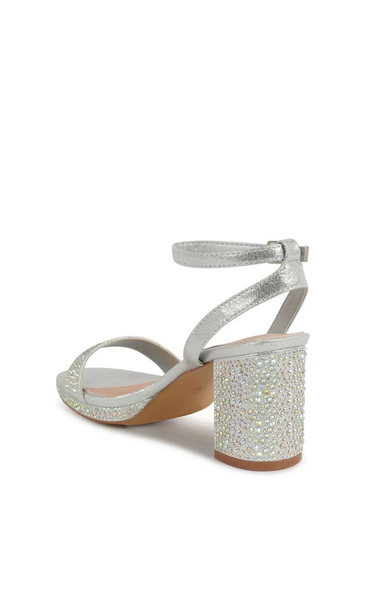 Topaz Silver Platform Prom Shoes: Touch Ups 4736 are silver metallic block heel sandals featuring an ankle strap and an iridescent rhinestone-encrusted heel.