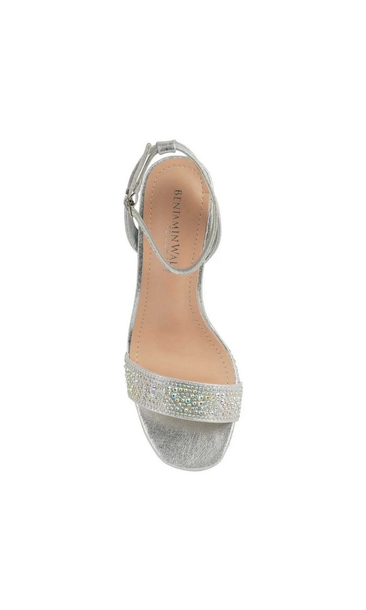Topaz Silver Platform Prom Shoes: Touch Ups 4736, a silver block heel sandal featuring an ankle strap and a rhinestone-encrusted toe band.