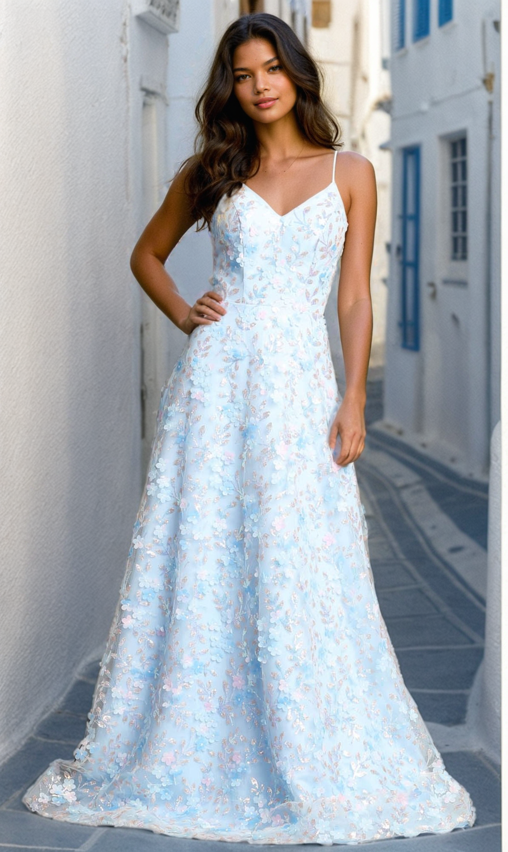 Long Light Blue Floral Prom Dress: Chicas CHF3092