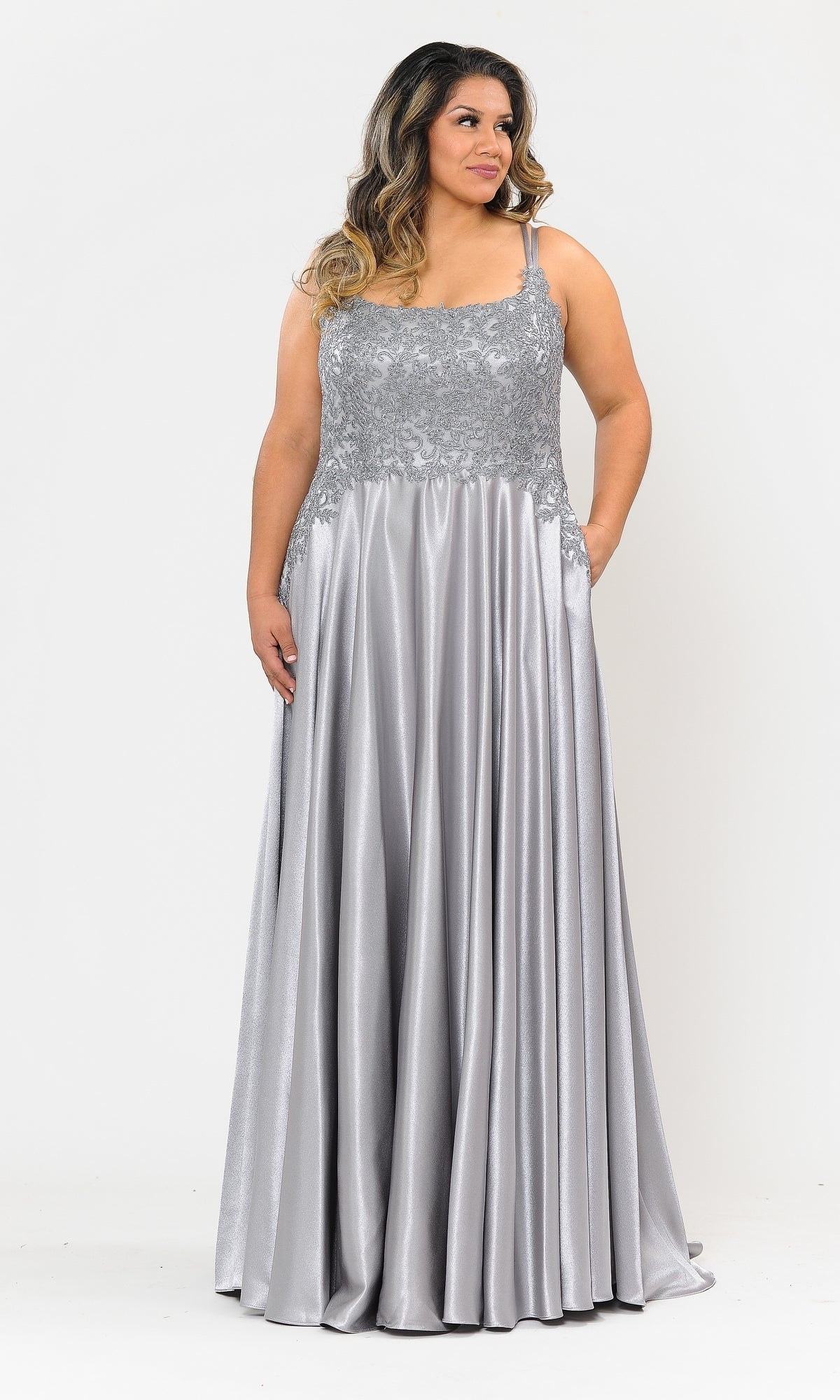Model wearing the Lace-Bodice Plus-Size Long A-Line Prom Dress W1094, featuring a sleeveless silver embroidered lace bodice and a satin skirt, posing against a plain white background.