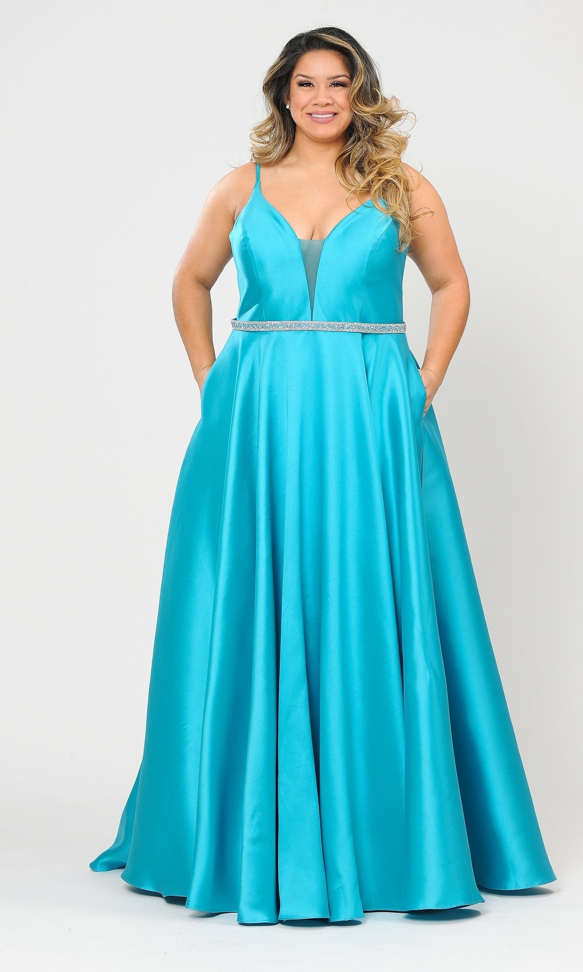 A woman models the Plus-Size Long Prom Dress with Pockets W1106 in teal, showcasing its sleeveless A-line formal design, V-neckline, fitted bodice, and handy pockets against a plain white background.