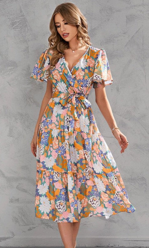 Floral-Print Short-Sleeve Midi Wedding-Guest Dress