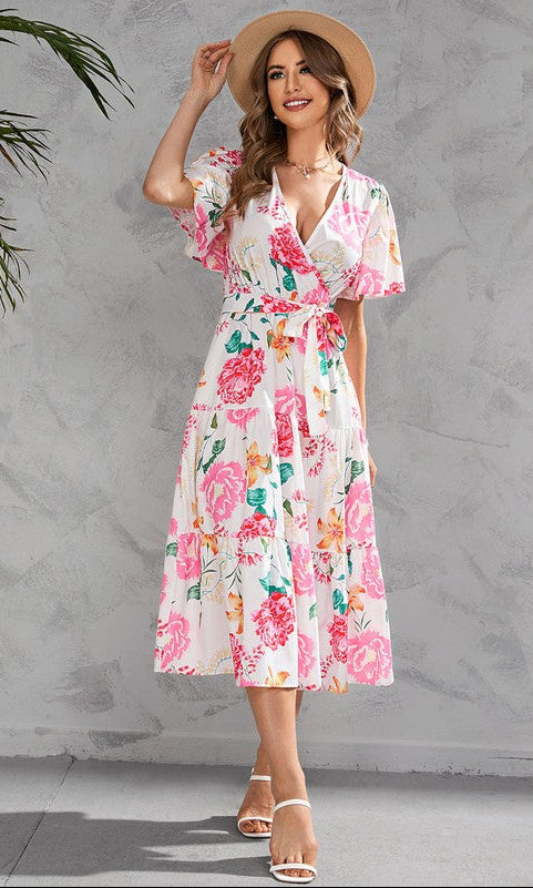 Floral-Print Short-Sleeve Midi Wedding-Guest Dress