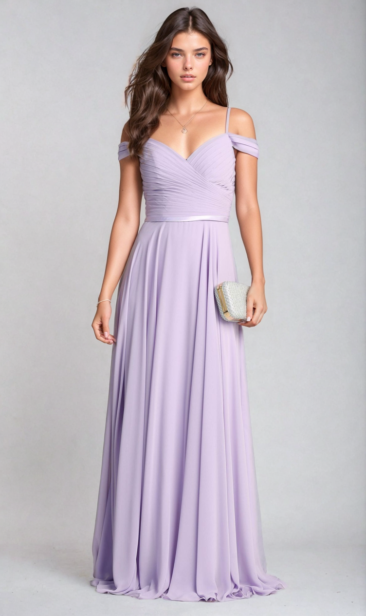 A woman models the Long A-Line Off-Shoulder Prom Dress: Chicas C8997 in lavender, holding a small silver clutch against a plain studio background.