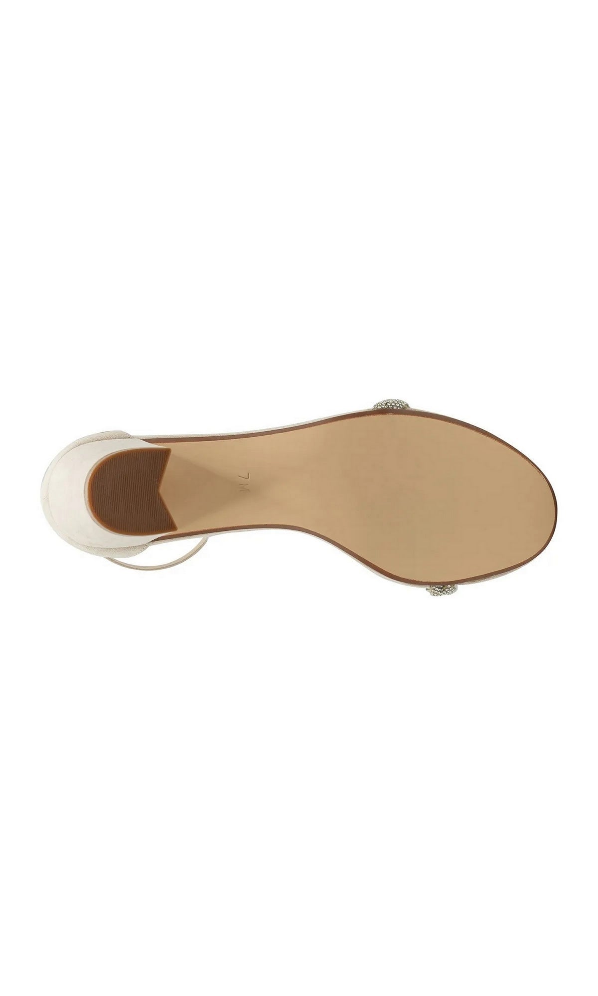 Underside view of a Whitney Beige Prom Shoes: Touch Ups 4674 beige faux suede sandal with a low block heel.