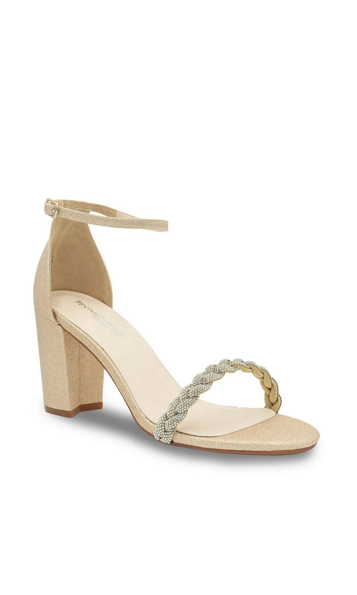 Whitney Champagne Prom Shoes: Touch Ups 4672 in champagne, featuring a block heel, ankle strap, and rhinestone-embellished braided toe strap.