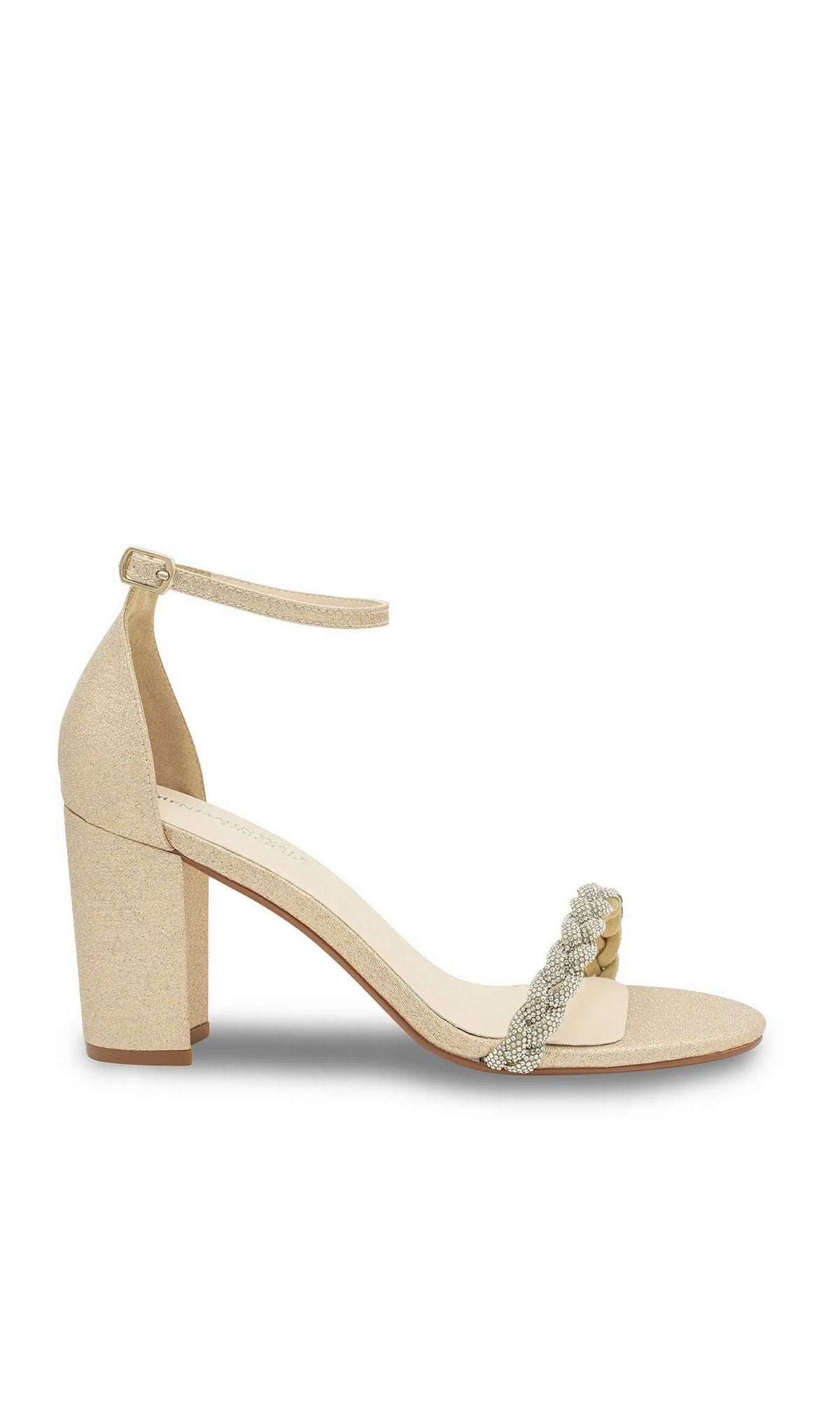 Whitney Champagne Prom Shoes: Touch Ups 4672 are champagne-colored block heel shoes with an ankle strap and a braided rhinestone toe strap.