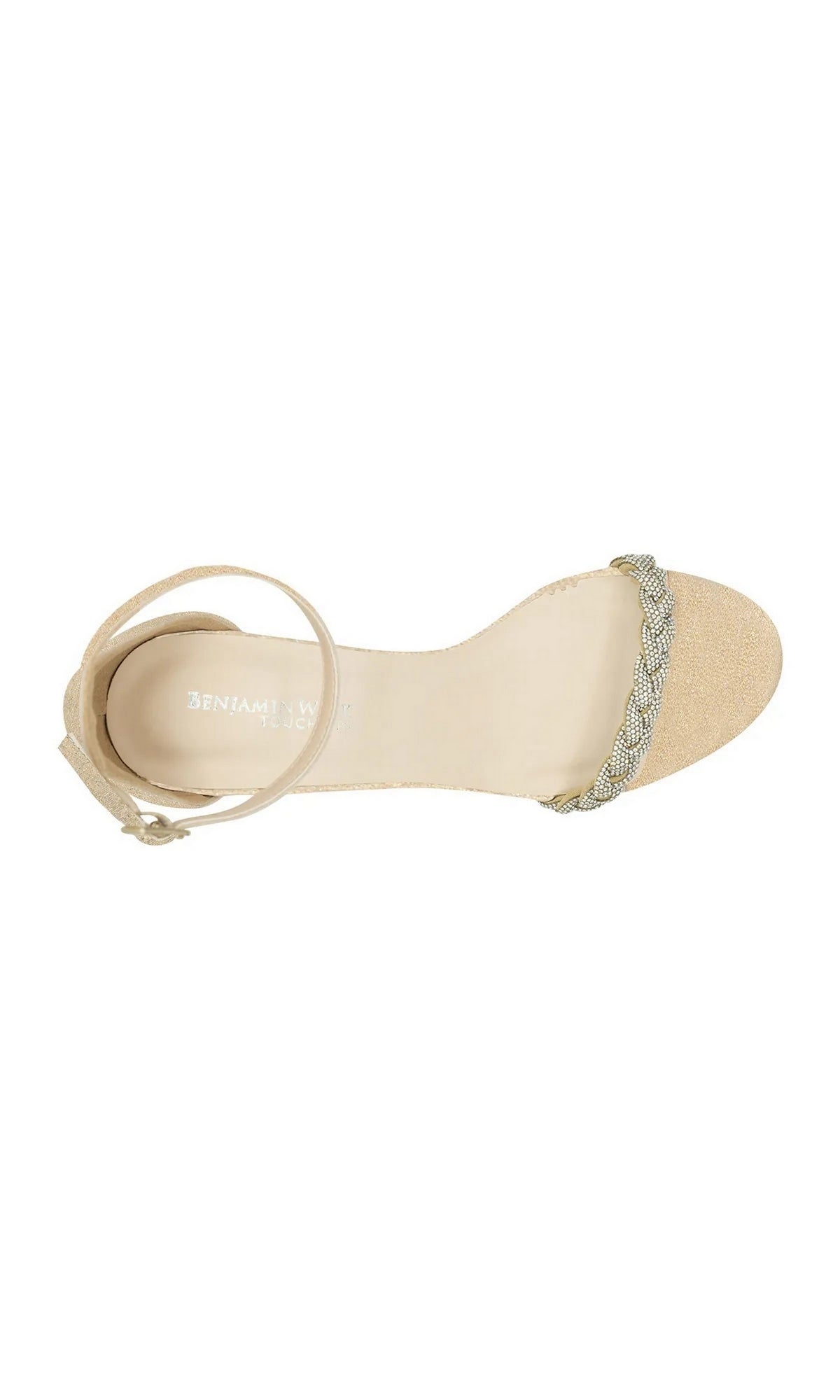 Whitney Champagne Prom Shoes: Touch Ups 4672 in champagne, featuring a block heel, ankle strap, and braided, rhinestone-embellished toe strap.
