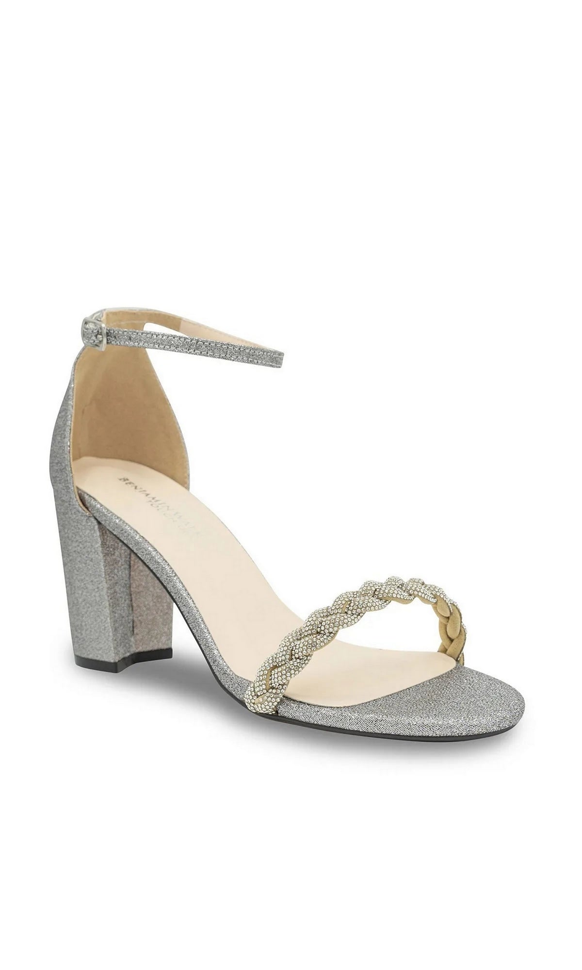 Whitney Pewter Prom Shoes: Touch Ups 4673 are pewter glitter block-heel sandals featuring an ankle strap and a braided rhinestone strap.