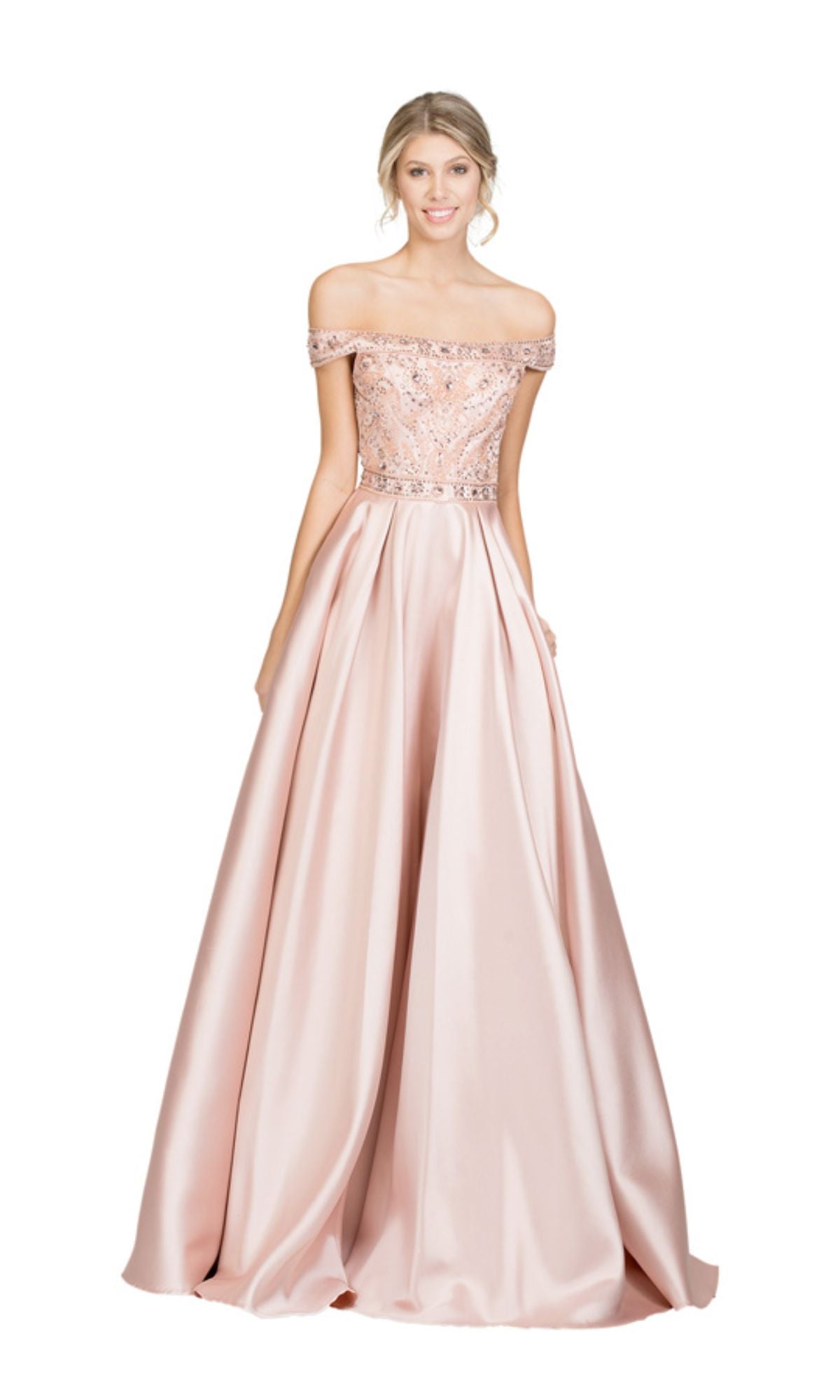 A woman models the Chicas XR6007 off-the-shoulder long prom dress in pale pink, featuring a jeweled bodice and full satin skirt, posed against a white background.
